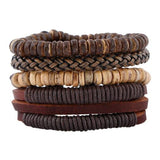 ZOSHI Fashion 4pcs 1 Set Punk Genuine Wrap Leather Bracelets Men For Women Charm Wood Beads Bracelets Cuff Jewelry Accessories