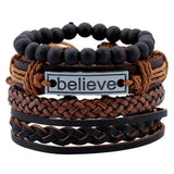 ZOSHI Fashion 4pcs 1 Set Punk Genuine Wrap Leather Bracelets Men For Women Charm Wood Beads Bracelets Cuff Jewelry Accessories