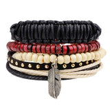 ZOSHI Fashion 4pcs 1 Set Punk Genuine Wrap Leather Bracelets Men For Women Charm Wood Beads Bracelets Cuff Jewelry Accessories