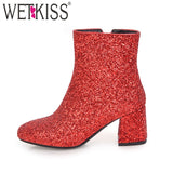 WETKISS 2018 Bling Bling Upper Ladies Ankle Boots Sequined Fashion Women Shoes Zipper Thick High Heels Square toe Winter Boots