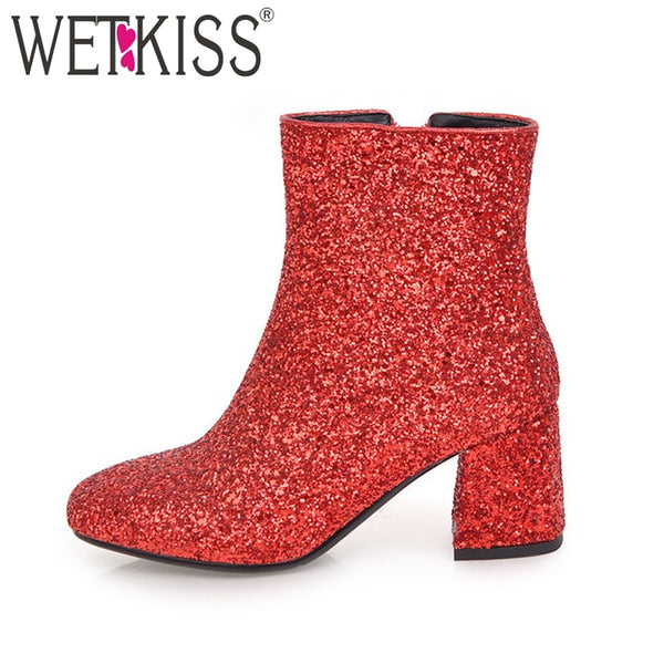 WETKISS 2018 Bling Bling Upper Ladies Ankle Boots Sequined Fashion Women Shoes Zipper Thick High Heels Square toe Winter Boots