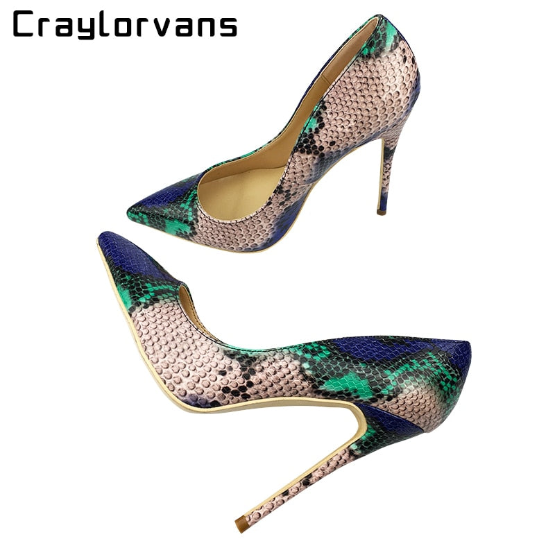 Craylorvans Top Quality Sakura Snake Printing Women High Heels 2018 NEW Fashion Party Wedding Blue Sexy Women Shoes Size 43