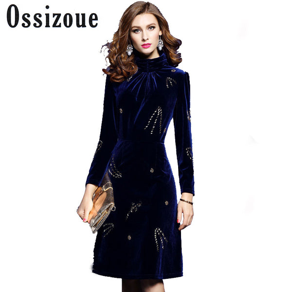 Runway 2018 Vintage Autumn Winter Fashion Women dress Slim Turtleneck Cloth Beading Velvet Dresses Party knee length Vestidos
