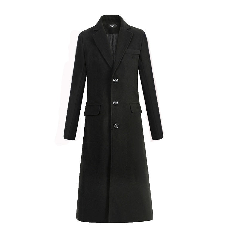 New Autumn and Winter Fine Wool Woolen Cloth Men's Fashion Leisure Business A Long Black Trench Coat Male Casual Trench Coat Men