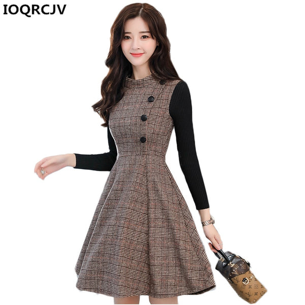 Autumn Winter Dress Women 2018 New Fashion Plaid Woolen Dress Stitching Slim Large size Long sleeves Women Office Dress K825