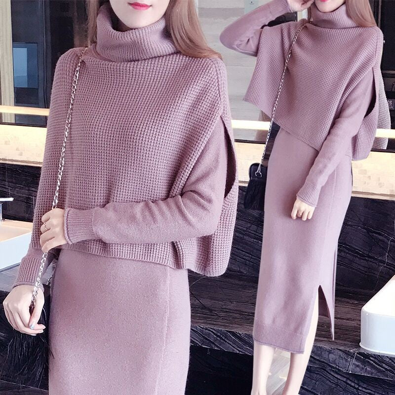 2018 New Autumn Winter Fashion Women TURTLENECK Bottoming sweater Tops A-Line dress Knit 2 Piece Set Ladies Casual Knitted Suit