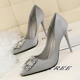 2018 New Fashion Crystal Metal Square Buckle Women Pumps Soft Silk High Heels Shoes Sexy Pointed Toe Shallow Women's Party Shoes