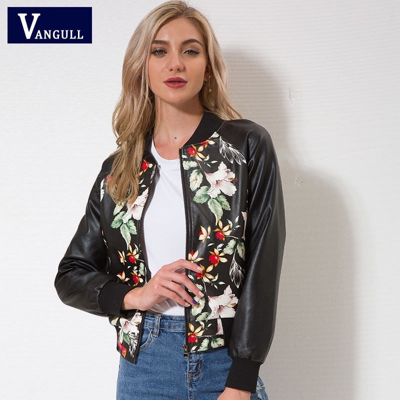 VANGULL Women Faux Leather Jacket Print Floral Zipper Baseball Cloth Style Ladies Elegant Outwear Winter Autumn Fashion 2018