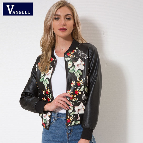 VANGULL Women Faux Leather Jacket Print Floral Zipper Baseball Cloth Style Ladies Elegant Outwear Winter Autumn Fashion 2018