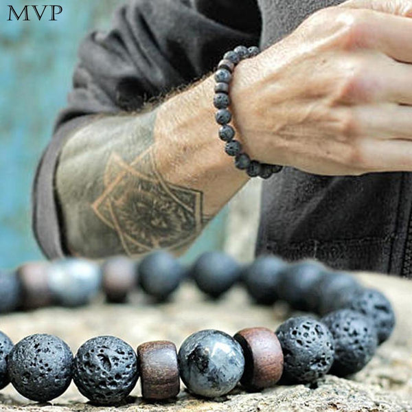 FANALA Natural Lava Rock Stone Beads Strand Bracelet Wooden bead Accessories Black Rock Stone Men/Women Jewelry Gift