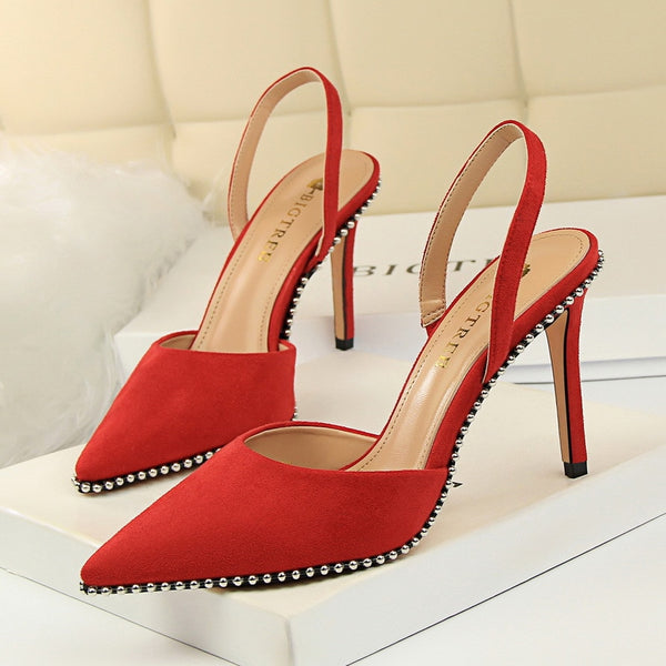 =2018 New Autumn Fashion High Heels Shoes European Sexy Thin Heeled Pumps Shallow Hollow Rivet Pointed Female Sandals