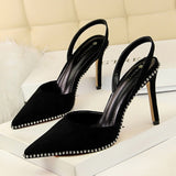 =2018 New Autumn Fashion High Heels Shoes European Sexy Thin Heeled Pumps Shallow Hollow Rivet Pointed Female Sandals