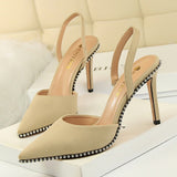 =2018 New Autumn Fashion High Heels Shoes European Sexy Thin Heeled Pumps Shallow Hollow Rivet Pointed Female Sandals