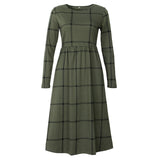 Pocket Fashion Autumn Winter Vintage Dress A-line Women Long Sleeve Tunic Plaid Dress Casual Empire Midi Dress Pockets New GV505