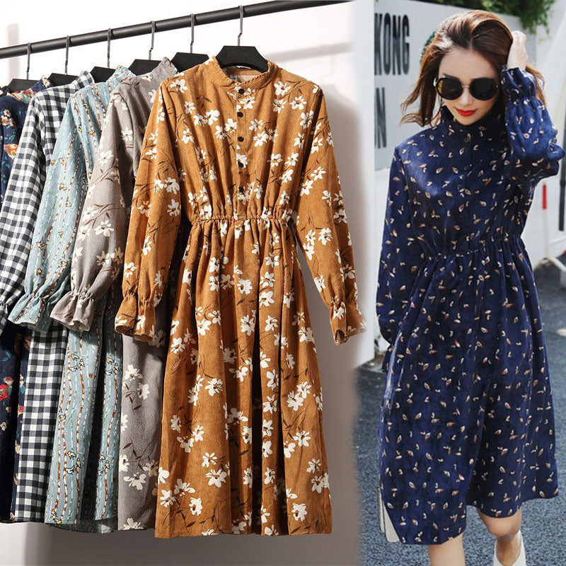 27Colors High Quality Fashion New Autumn Winter Women Long Sleeve Dress Retro Collar Casual Slim Dresses Floral Print Style Cute