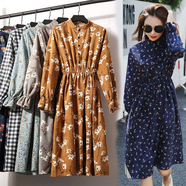 27Colors High Quality Fashion New Autumn Winter Women Long Sleeve Dress Retro Collar Casual Slim Dresses Floral Print Style Cute