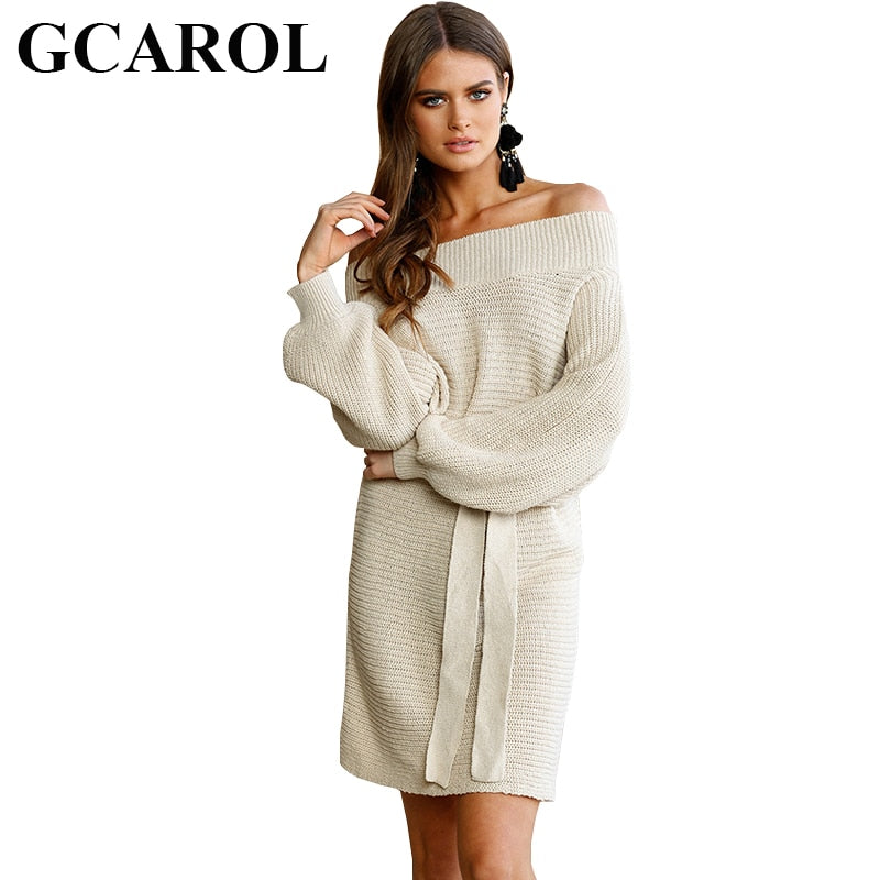 GCAROL New Autumn Winter Sexy Off Shoulder Women Long Sweater Dress with Sashes Knitted Pullover Tops Fashion Basic Knitwear