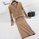 Women Sexy Bodycon Dress with belt Winter Autumn 2018 Women Fall Fashion New Designer Side Split Ribbed Midi Dress C-235