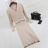 Women Sexy Bodycon Dress with belt Winter Autumn 2018 Women Fall Fashion New Designer Side Split Ribbed Midi Dress C-235