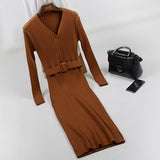Women Sexy Bodycon Dress with belt Winter Autumn 2018 Women Fall Fashion New Designer Side Split Ribbed Midi Dress C-235