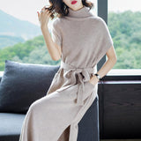 Women Dress Winter New Fashion Cashmere Knitted Dresses Plus Long Ladies Turtleneck Autumn Pullover Girl Woolen No-Sleeve Dress