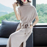Women Dress Winter New Fashion Cashmere Knitted Dresses Plus Long Ladies Turtleneck Autumn Pullover Girl Woolen No-Sleeve Dress