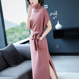 Women Dress Winter New Fashion Cashmere Knitted Dresses Plus Long Ladies Turtleneck Autumn Pullover Girl Woolen No-Sleeve Dress