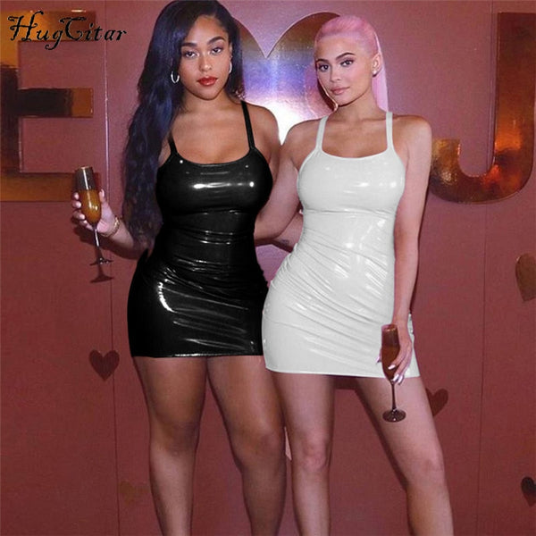 Hugcitar PU leather slash neck high waist sexy dresses 2018 autumn winter women new fashion christmas party club dress