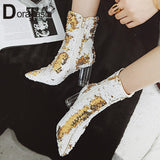 DoraTasia Fashion Sequined Cover Ankle Boots Female Autumn Winter Shoes Pointed Toe High Heels Boots Women Shoes