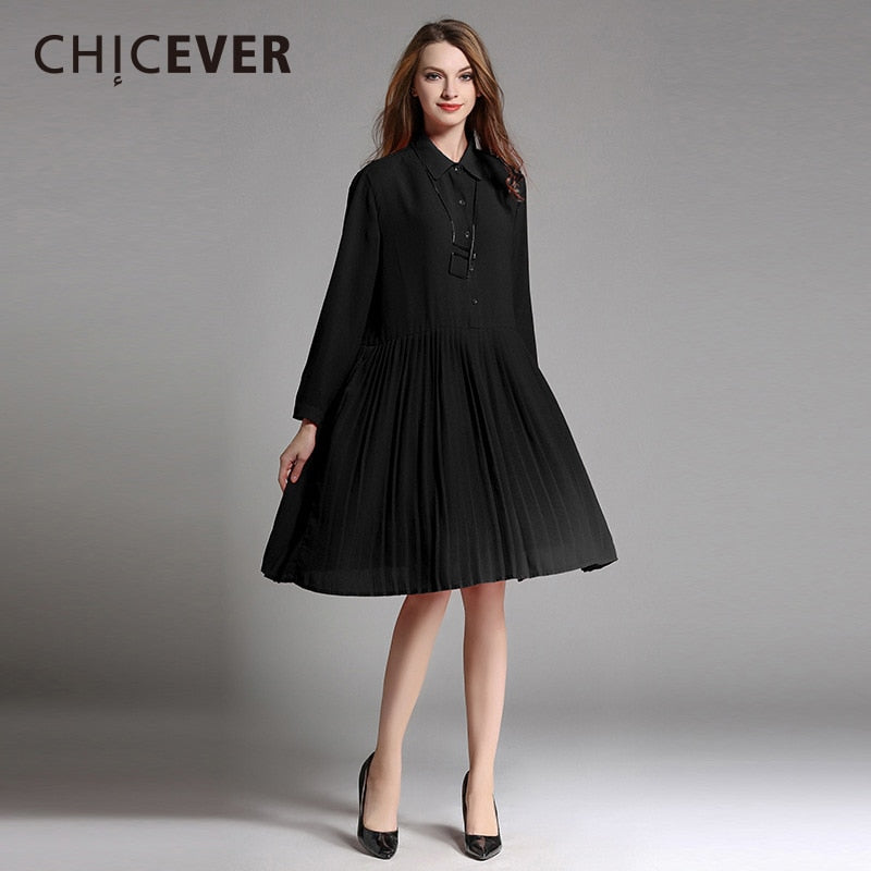 CHICEVER Winter Thick Chiffon Pleated Dress Female Long Sleeve Plus Size Black Women Dresses Clothes Fashion Vestidos New 2018
