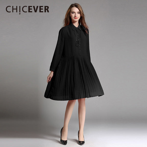 CHICEVER Winter Thick Chiffon Pleated Dress Female Long Sleeve Plus Size Black Women Dresses Clothes Fashion Vestidos New 2018
