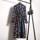 New Autumn Winter Women Casual Dress Elastic Waist Stand Neck Printed Floral Corduroy Dress vestido  Spring Autumn Fashion New