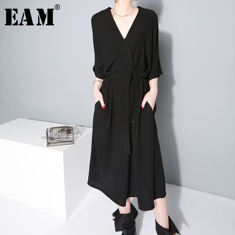 [EAM] 2019 New Spring  winter V-collar Half Sleeve Bandgae Loose Temperament Loose Big Size Chiffon Dress Women Fashion  JF733