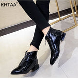 Women Fashion Low Heels Ankle Boots Autumn Female Patent Leather Zipper Pointed Toe Shoes Pumps 2018 New Ladies Party Footwear