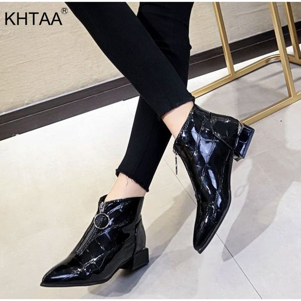 Women Fashion Low Heels Ankle Boots Autumn Female Patent Leather Zipper Pointed Toe Shoes Pumps 2018 New Ladies Party Footwear