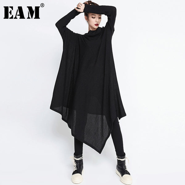 [EAM] 2019 New Spring  Winter High Collar Long Sleeve Black Irregular Hem Loose Big Size Long Dress Women Fashion Tide JG636