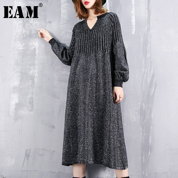 [EAM] 2019 New Spring  Winter V-collar Long Lantern Sleeve Back Lurex Striped Stitch Loose Brief Dress Women Fashion Tide JI625