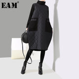 [EAM] 2019 New Spring  Winter High Collar Long Sleeve Black Pocket Cotton-padded Warm Loose Dress Women Fashion Tide JK660