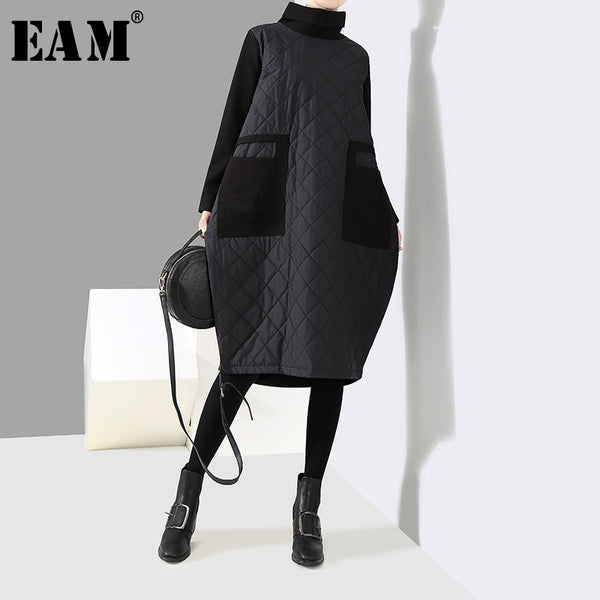 [EAM] 2019 New Spring  Winter High Collar Long Sleeve Black Pocket Cotton-padded Warm Loose Dress Women Fashion Tide JK660