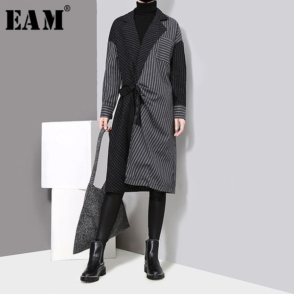 [EAM] 2019 New Spring  Winter Lapel Long Sleeve Solid Color Striped Split Joint Loose Big Size Dress Women Fashion Tide JD394