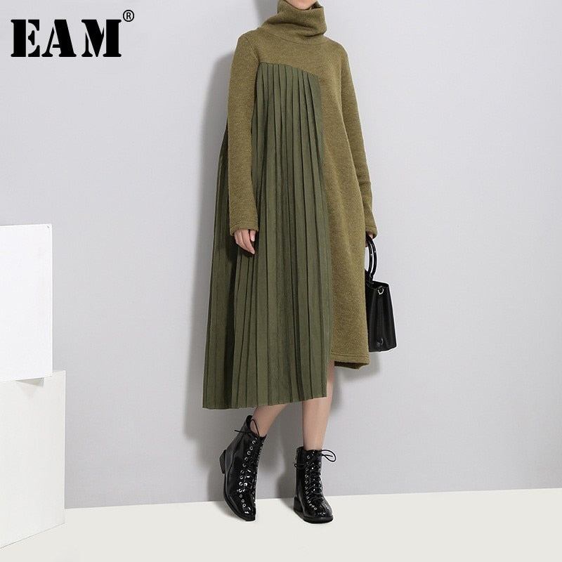 [EAM] 2019 New Spring  winter High Collar Long Sleeve Solid Color Army Green Pleated Split Joint Dress Women Fashion Tide JD371