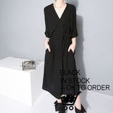 [EAM] 2019 New Spring  winter V-collar Half Sleeve Bandgae Loose Temperament Loose Big Size Chiffon Dress Women Fashion  JF733