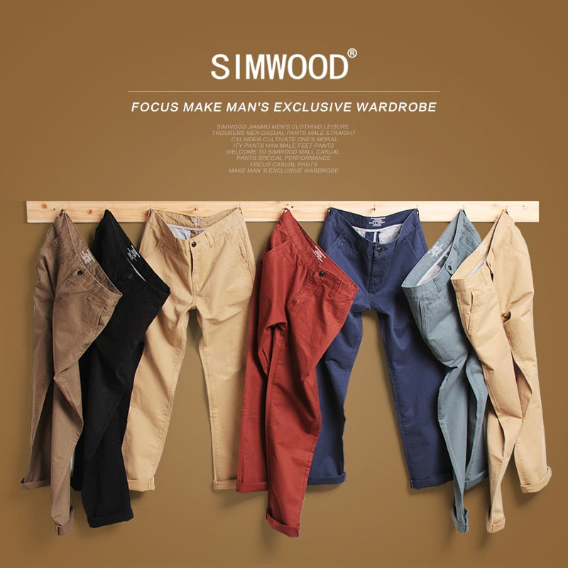 Simwood Brand Spring Winter New Fashion 2019 Slim Straight Men Casual Pants 100% Pure Cotton Man Trousers Plus Size  KX6033
