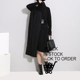 [EAM] 2019 New Spring  winter High Collar Long Sleeve Solid Color Army Green Pleated Split Joint Dress Women Fashion Tide JD371