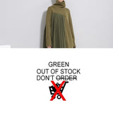 [EAM] 2019 New Spring  winter High Collar Long Sleeve Solid Color Army Green Pleated Split Joint Dress Women Fashion Tide JD371