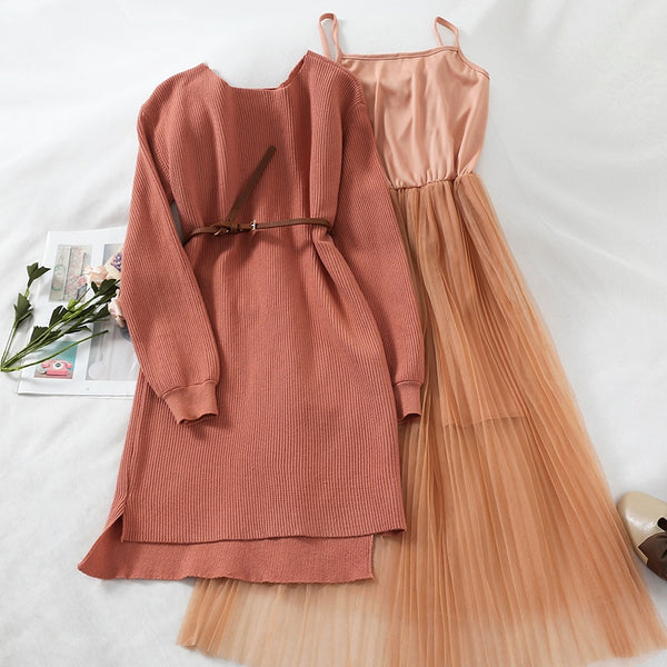 2018 new fashion women's two piece dress winter mesh strap dress+long sweater  fashion two-piece long knit dress