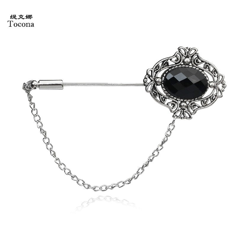 Tocona Antique Silver Black Crystal Lapel Stick Brooches Pins for Women Men Tie Hat Scarf Suit Brooch Jewelry Accessories 3706