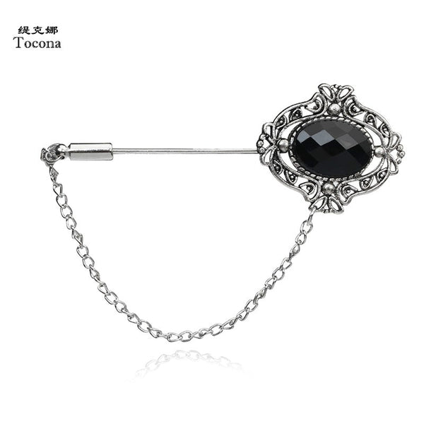 Tocona Antique Silver Black Crystal Lapel Stick Brooches Pins for Women Men Tie Hat Scarf Suit Brooch Jewelry Accessories 3706